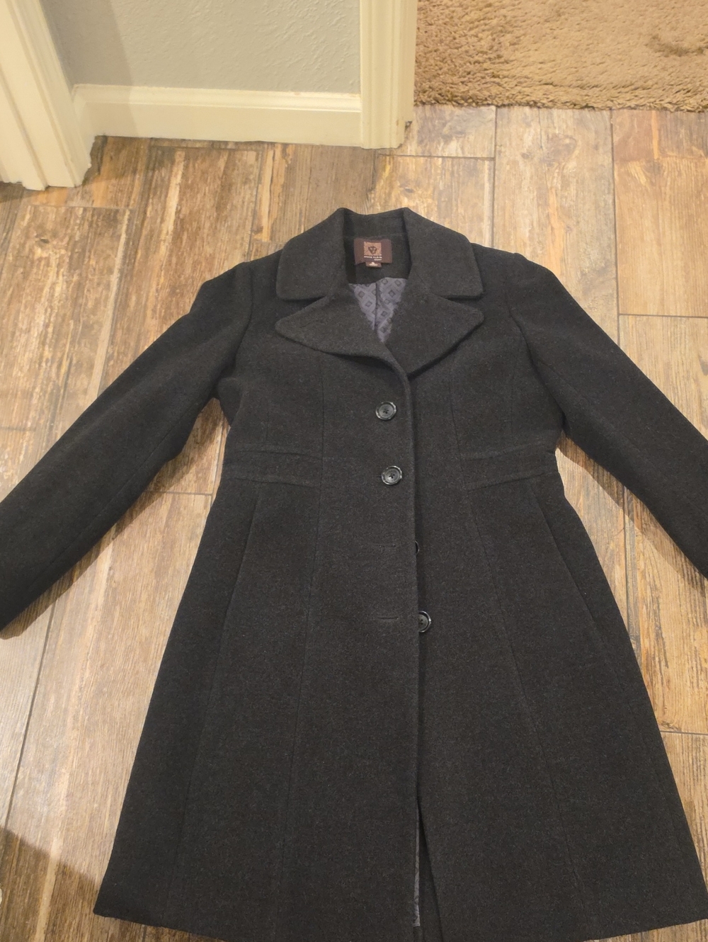 Anne Klein Black Wool-Blend Fitted Pea Coat